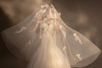 Gorgeous Long Ball Gown Off-the-Shoulder Satin & Tulle Wedding Dress with 3D Embroidery & Cathedral Train Q6013 by ZAPDRESS