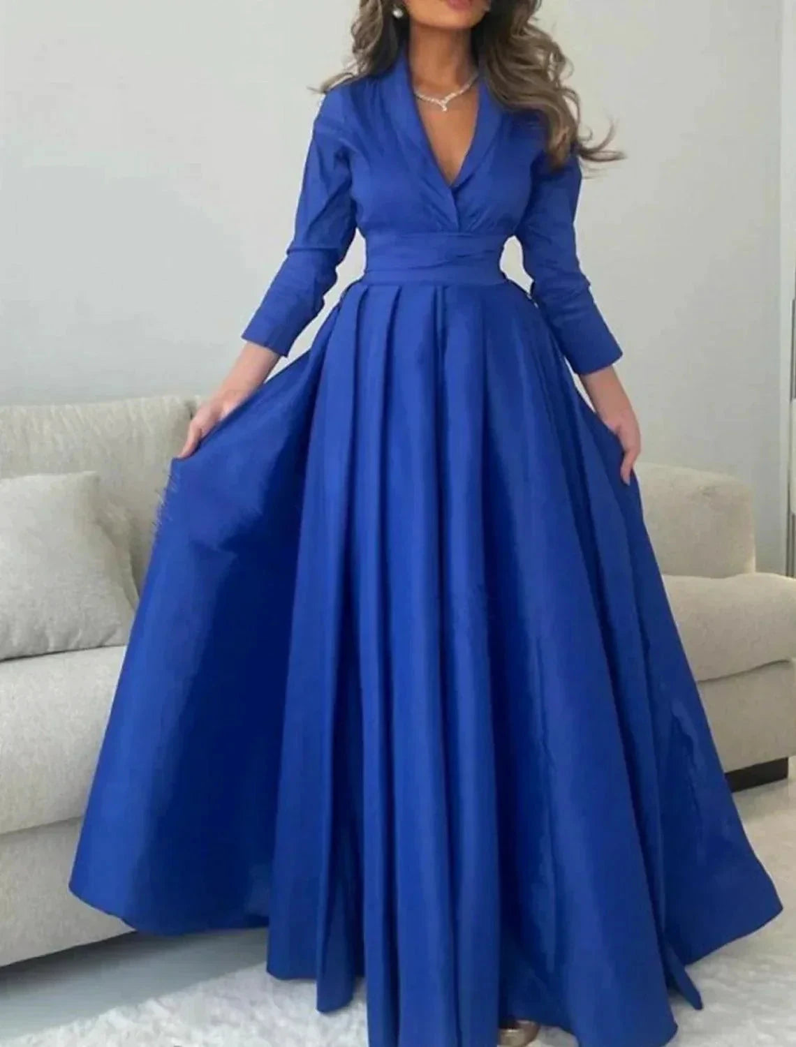 Gown Elegant Formal Length Sleeve V Neck with Pleats Evening Dress by Aabei Dress