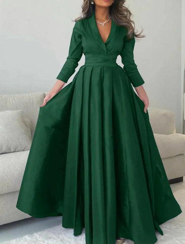 Vestido elegante de noche formal con mangas largas y escote en V y pliegues