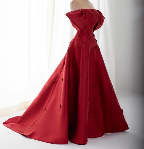 Elegante vestido de noche burdeos con flores 3D y hombros descubiertos, corte A, vestido de fiesta Y7637