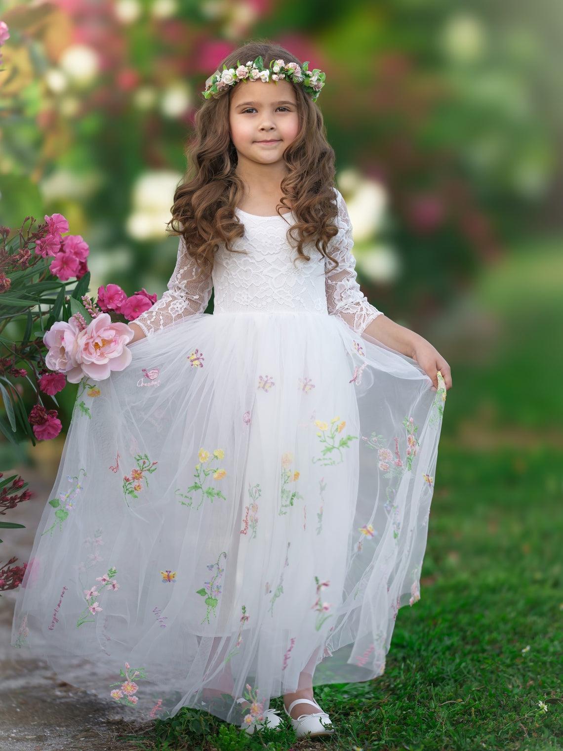 Floral Lace Embroidered Tulle A-Line Floor Length Garden Flower Girl Dress - photo 1