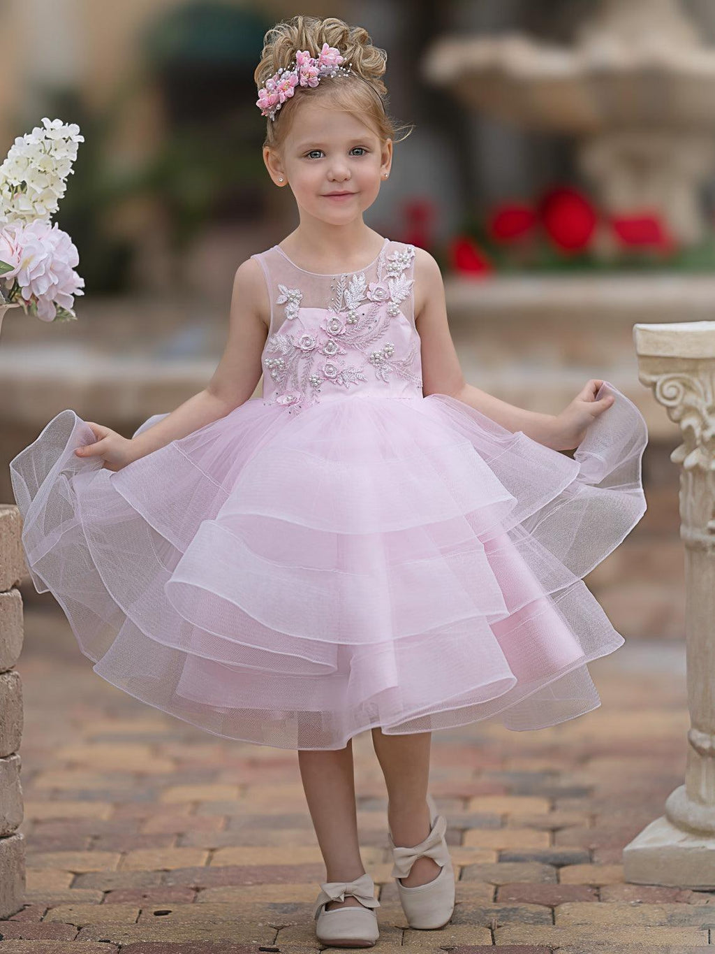 Elegant Knee-Length Pink Flower Girl Dress with Floral Appliques - photo 1