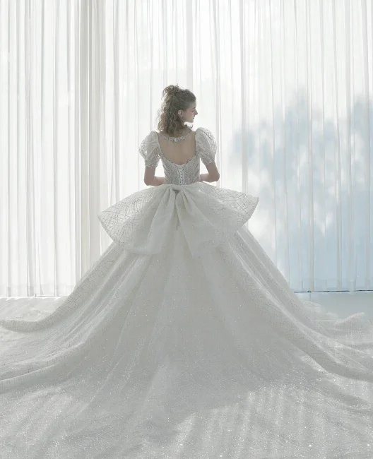 Glittering Ball Gown Deep V-Neck Tulle Wedding Dress with Beaded Embroidery & Puff Sleeves 6021-1 by ZAPDRESS