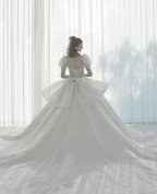 Glittering Ball Gown Deep V-Neck Tulle Wedding Dress with Beaded Embroidery & Puff Sleeves 6021-1 by ZAPDRESS