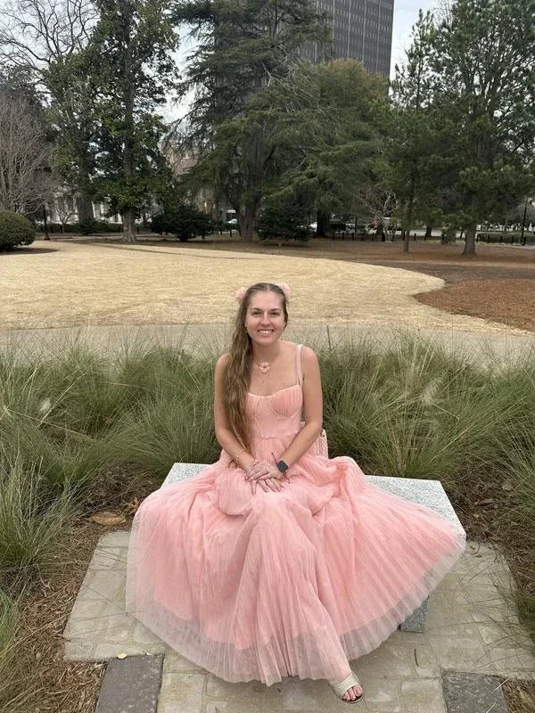 Classy Spaghetti Straps Pleated Tulle Green Midi Prom Dress A Line Evening Dress Y8452 by simplepromdress