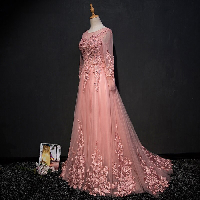 CHIC A-LINE SCOOP FLOOR LENGTH PINK TULLE APPLIQUE PROM DRESS EVENING DRESS Y1177 Hover Image