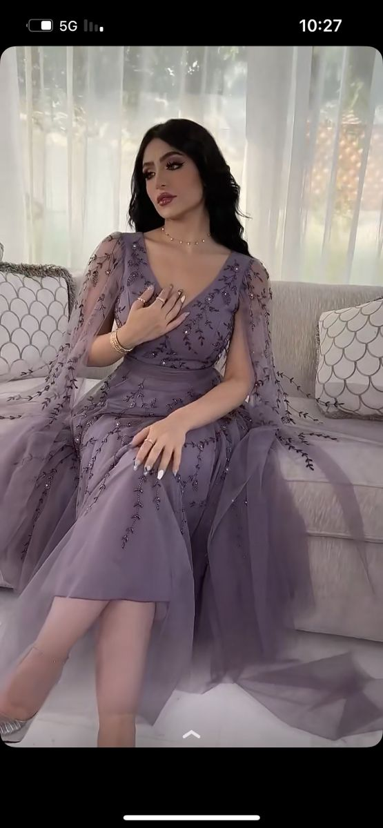 Dream Evening Dress Elegant Purple Tulle Evening Dresses V-Neck Long Sleeve Dresses Y5028 Main Image