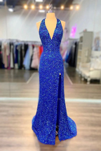 Halter Neck Royal Blue Long Prom Dresses, Shiny Royal Blue Long Formal Evening Dresses Y124 by simplepromdress