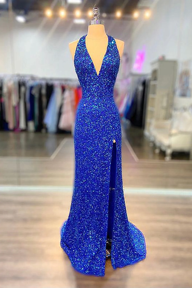 Halter Neck Royal Blue Long Prom Dresses, Shiny Royal Blue Long Formal Evening Dresses Y124 Main Image