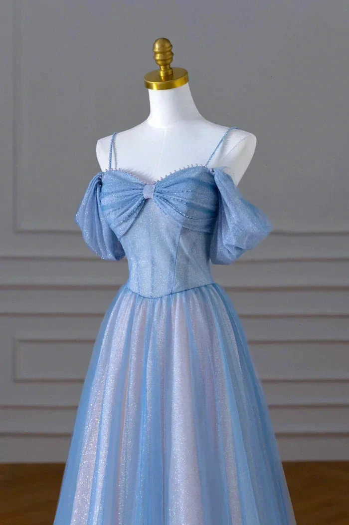 Shimmery blue off-shoulder gown on mannequin, ZAPDRESS elegant evening dress