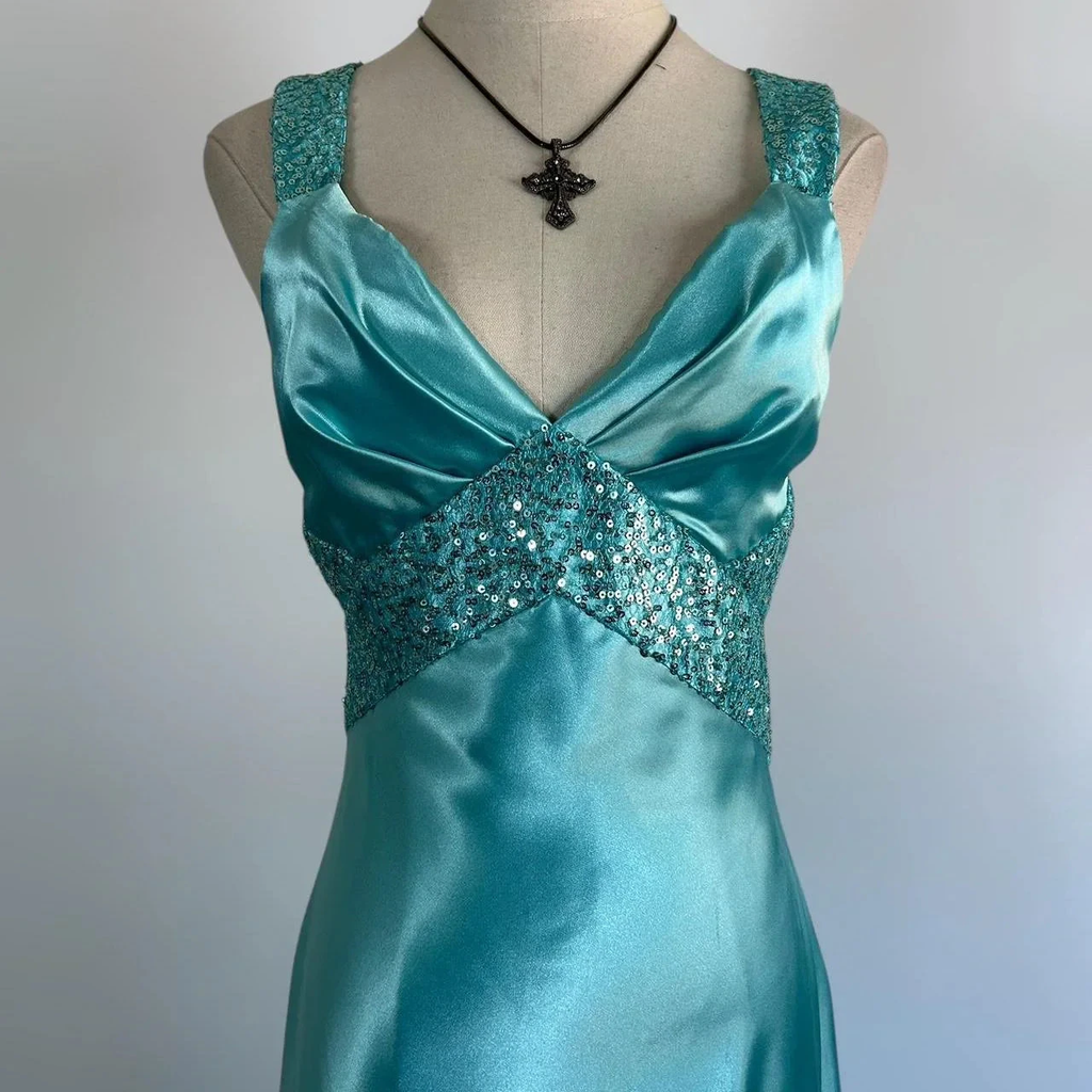 Blue V Neck Satin Sequin Formal Prom Dress Backless Evening Dress Y8548 by simplepromdress