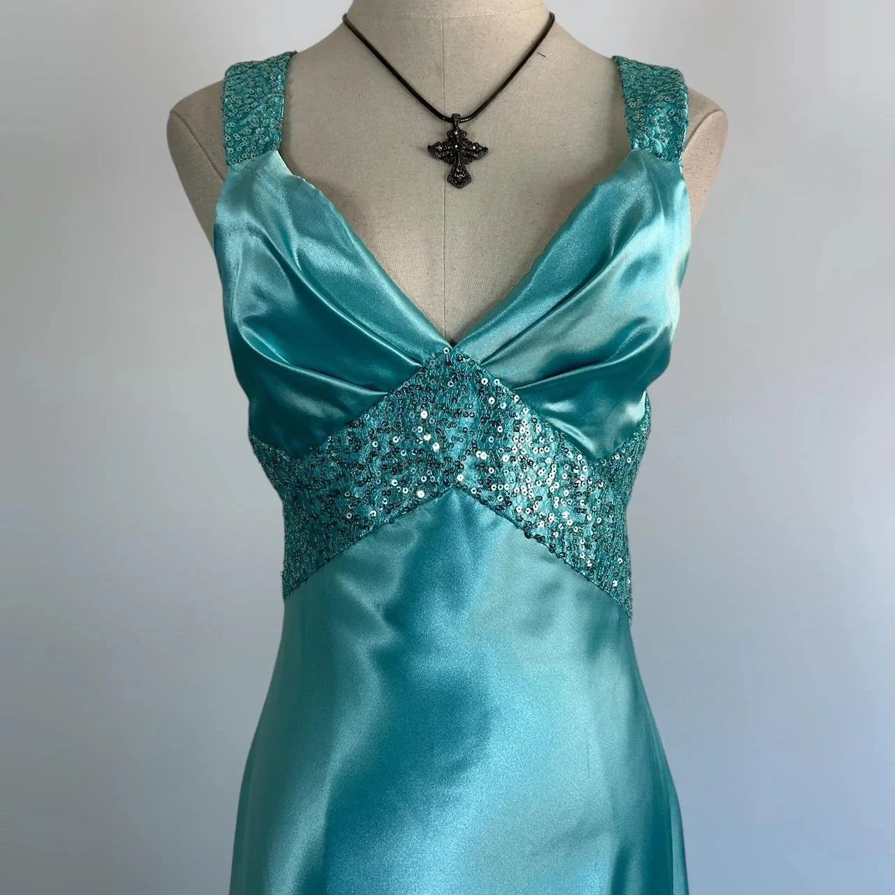 Blue V Neck Satin Sequin Formal Prom Dress Backless Evening Dress Y8548 by simplepromdress