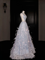 Glamorous V Neck Tulle Beaded Feathers A Line Prom Dress Evening Dress Y8682 by simplepromdress