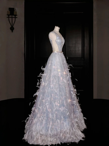 Glamorous V Neck Tulle Beaded Feathers A Line Prom Dress Evening Dress Y8682 by simplepromdress