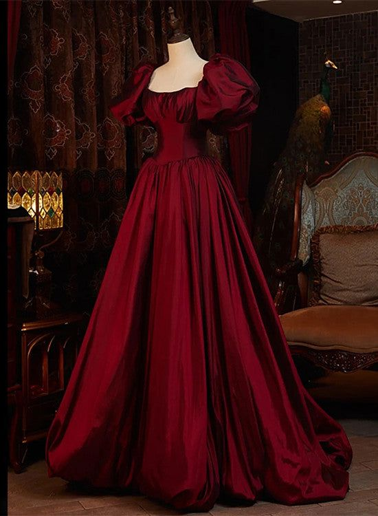 Wine Red Short Sleeves Floor Length Long Evening Dresses, Ball Gown Formal Dresses Y6973 Hover Image