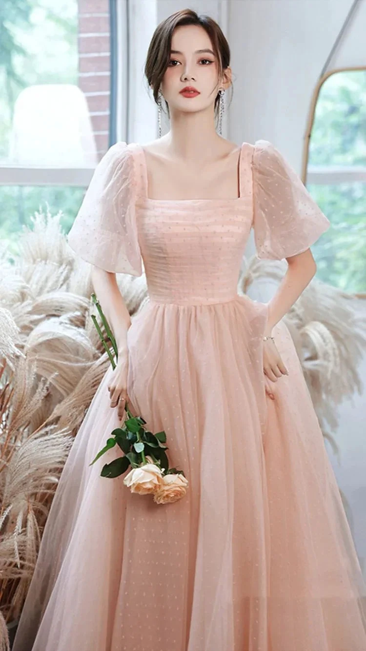 Pink tulle long A line prom dress pink evening gown Y1926 by simplepromdress