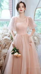 Pink tulle long A line prom dress pink evening gown Y1926 by simplepromdress