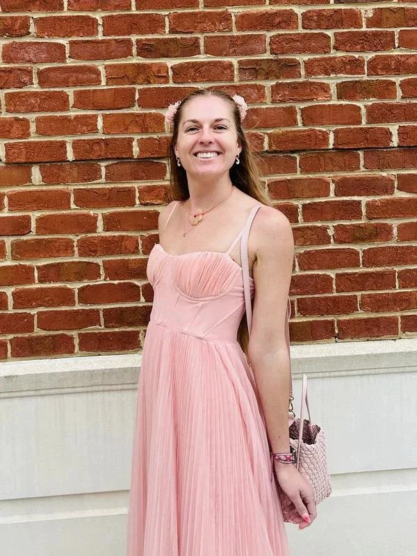 Classy Spaghetti Straps Pleated Tulle Green Midi Prom Dress A Line Evening Dress Y8452 by simplepromdress