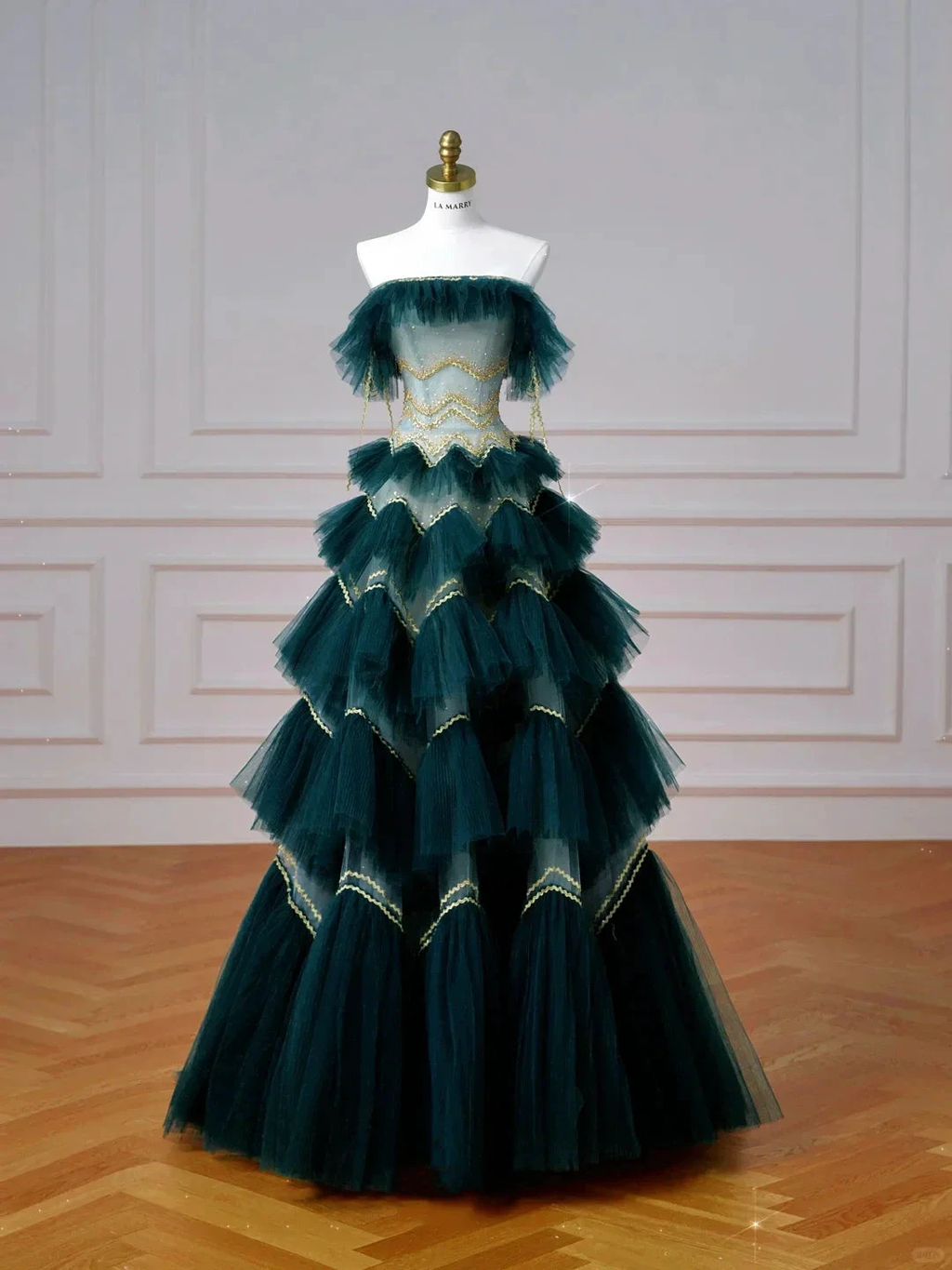Vintage Dark Green Tulle Sequins Layered A Line Prom Dress Strapless Evening Dress Y8606 by simplepromdress