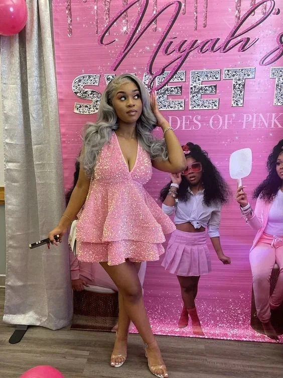 Sparkly Halter Sequin Cocktail Dresses Pink A-line Homecoming Dress Y4245 by simplepromdress