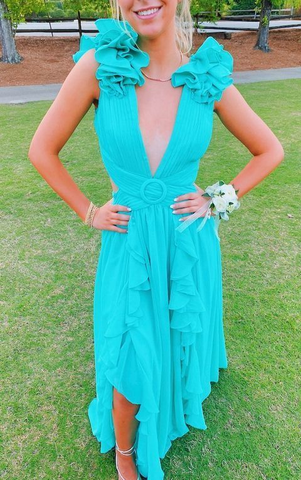 A-line V Neck Ruffles Long Prom Dress Simple Evening Dresses Y4626