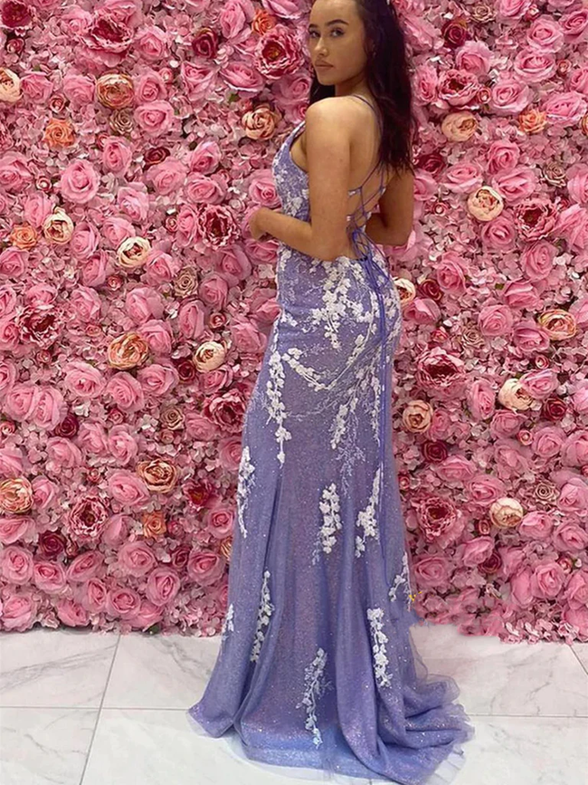 V Neck Mermaid Open Back Purple Lace Long Prom Dresses with High Slit, Mermaid Purple Formal Graduation Evening Dresses Y344 Main Image