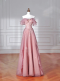 Sweet Pink Tulle Sequins Beaded A Line Prom Dress Off The Shoulder Long Evening Dress Y8643 by simplepromdress