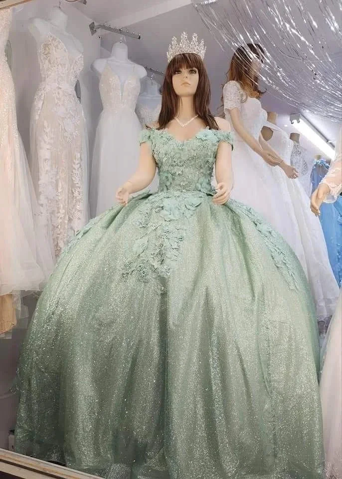 Glitter Sage Green Off The Shoulder Ball Gown,Sweet 16 Dress Y2265 by simplepromdress