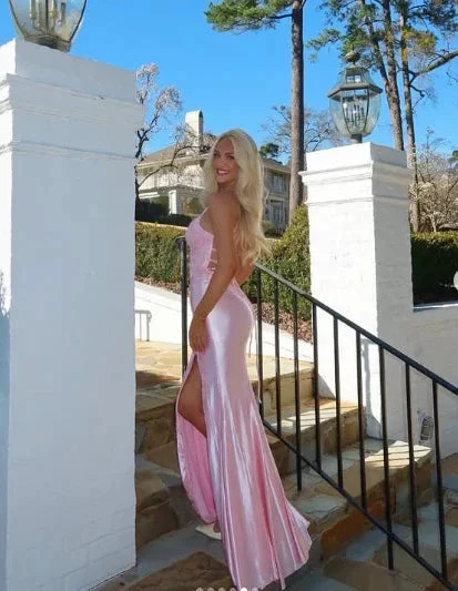 Pink Satin Appliques Mermaid Prom Dress Long Slit Evening Gown Y8263 by simplepromdress