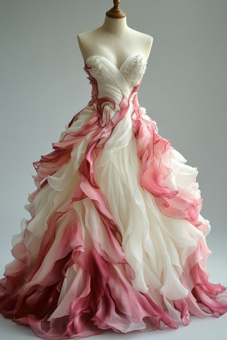 Vintage Chiffon Beaded Long Prom Dress Gradient Pink Ruched Formal Evening Dress Y8523