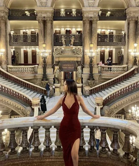 Sexy V Neck Burgundy Prom Dress With Split Sexy Evening Gown Y6361 by simplepromdress