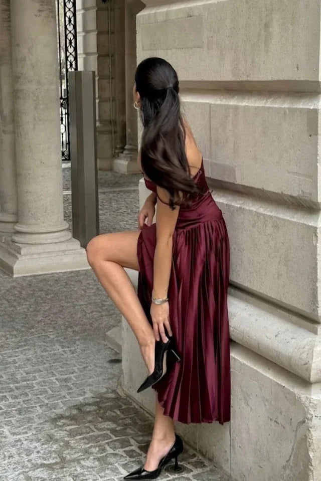 Vintage A Line Straps Burgundy Satin Long Prom Dress Evening Dress Y7994 by simplepromdress