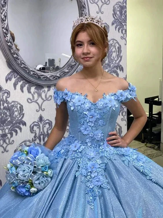 Blue Floral Applique Sweetheart Puffy Ball Gown Sweet 16 Dress Y6078 by simplepromdress