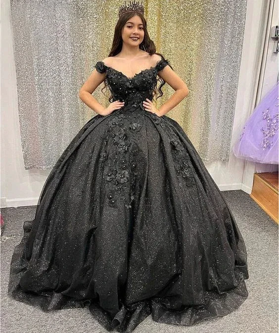 Princess Glitter Black Beaded Quinceanera Dresses Sweet 15 16 Party Ball Gowns Y5745 by simplepromdress