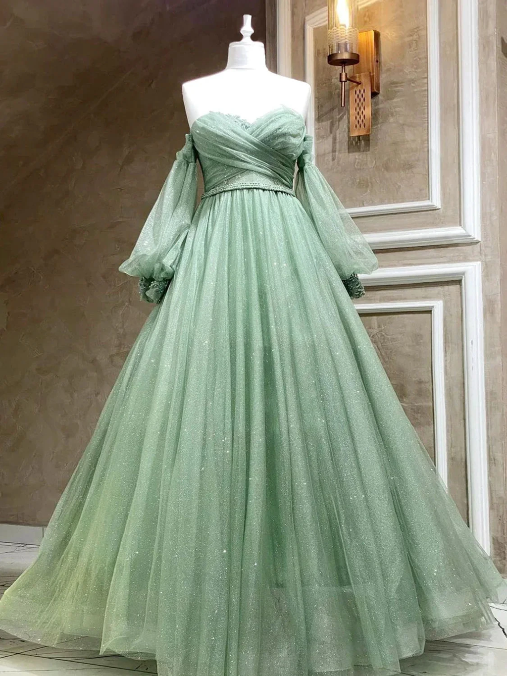 A-Line Sweetheart Neck Tulle Green Long Prom Dress, Green Formal Evening Dress Y3033 by simplepromdress
