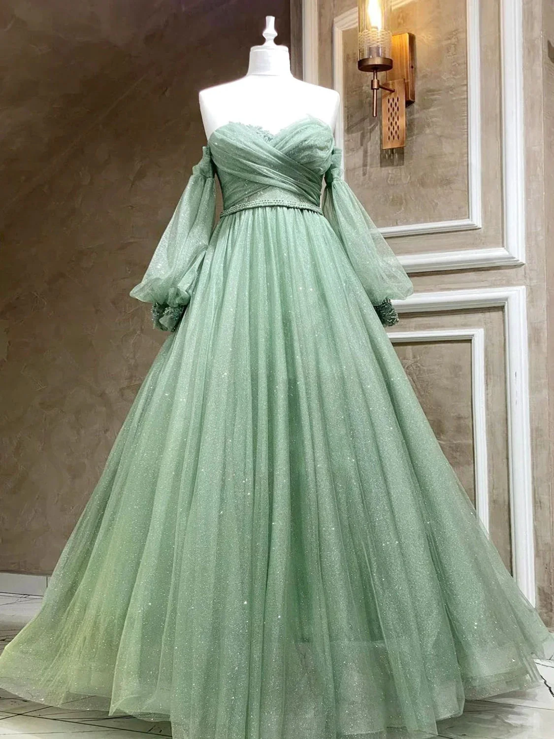 A-Line Sweetheart Neck Tulle Green Long Prom Dress, Green Formal Evening Dress Y3033 by simplepromdress