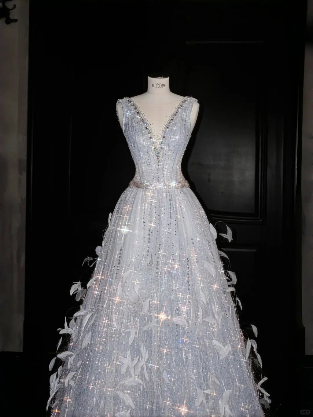 Glamorous V Neck Tulle Beaded Feathers A Line Prom Dress Evening Dress Y8682 by simplepromdress