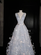 Glamorous V Neck Tulle Beaded Feathers A Line Prom Dress Evening Dress Y8682 by simplepromdress
