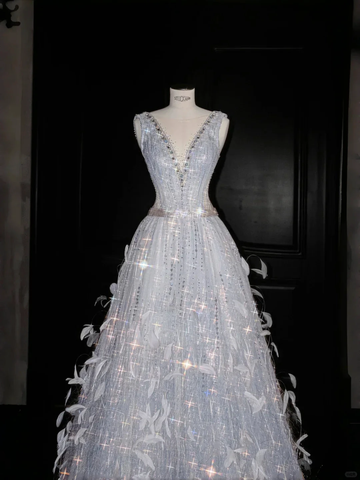 Glamorous V Neck Tulle Beaded Feathers A Line Prom Dress Evening Dress Y8682 by simplepromdress