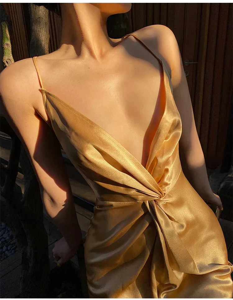 Sexy Halter V Neck Party Dress Champagne Gold Prom Evening Dress Y8211 by simplepromdress