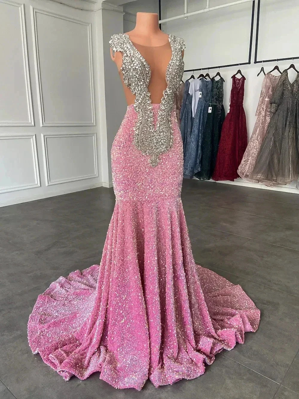 Sparkling pink prom dresses, Sexy sequins mermaid pink prom pageant evening dress Y477 by simplepromdress