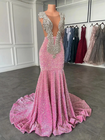 Sparkling pink prom dresses, Sexy sequins mermaid pink prom pageant evening dress Y477