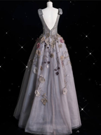 Charming V Neckline Gray Tulle Floral Ball Gown Long Evening Gown Prom Dress Y7953