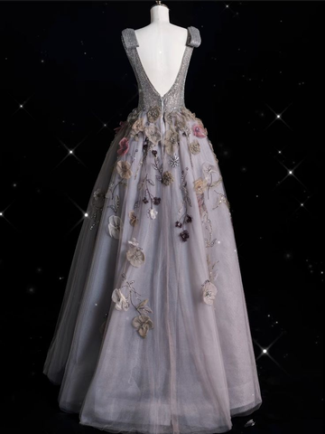 Vestido de noche largo con escote en V y tul gris floral Y7953