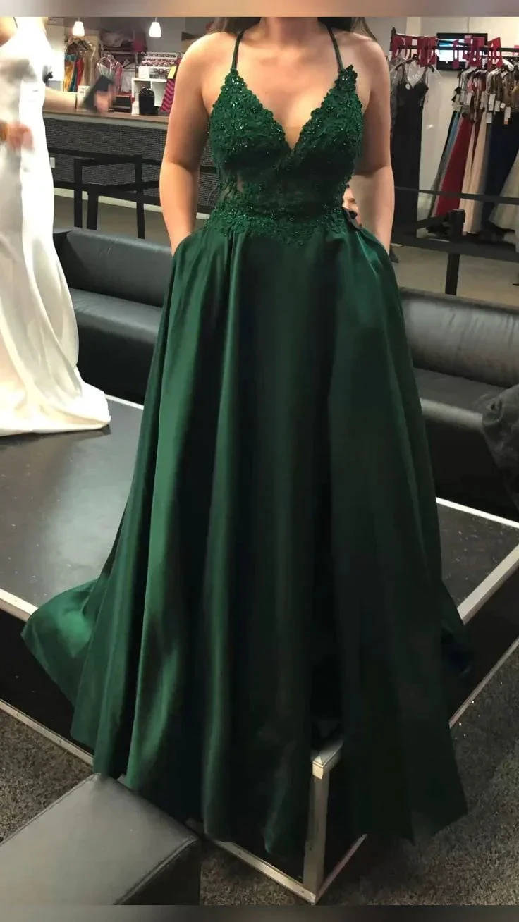 Dark Green V Neck A-line Evening Dress With Pockets Y5738 by simplepromdress
