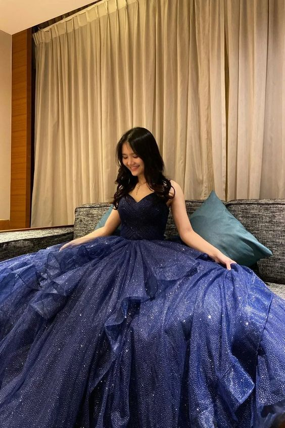 Shiny V Neck Navy Blue Tulle Long Prom Dress Navy Blue Formal Evening Dresses Long Y4895 Main Image