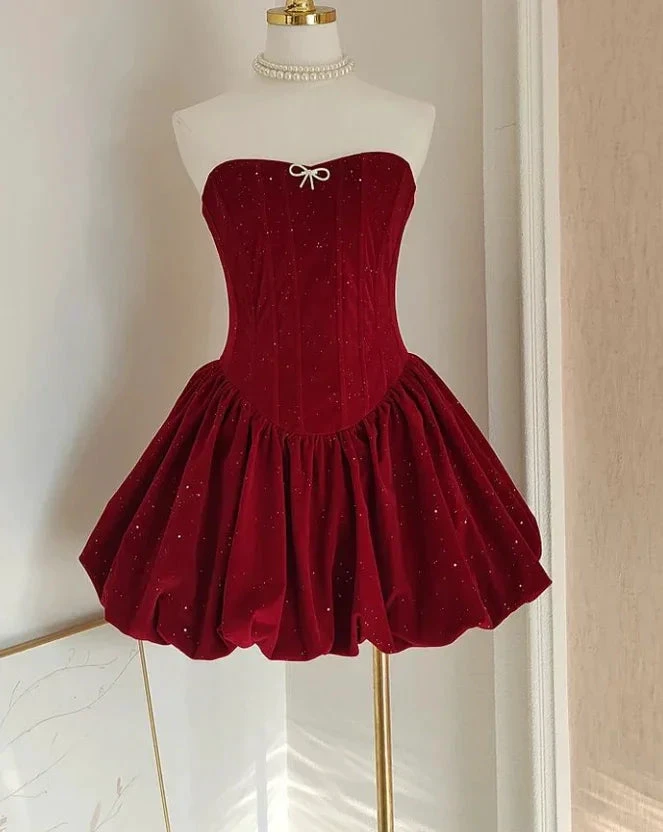 Cute Burgundy Velvet Homecoming Dress Pleated Shiny Cocktail Dress Y7752 by simplepromdress