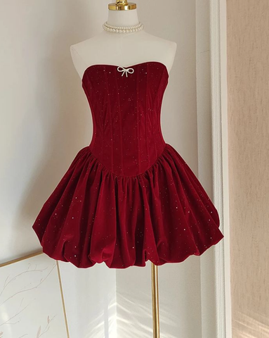 Vestido de fiesta de terciopelo burdeos, plisado y brillante, para cóctel, Y7752