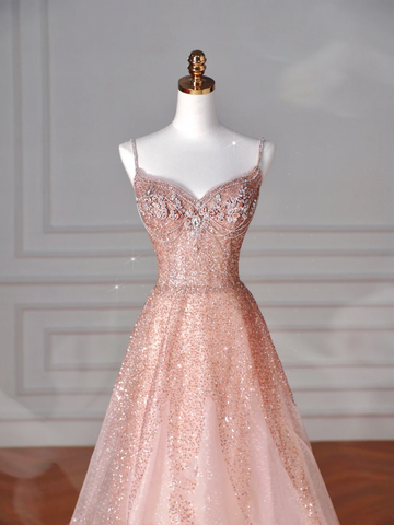 Glitter Pink Tulle Sequins Beaded Prom Dress Spaghetti Straps A Line Evening Dress Y8619
