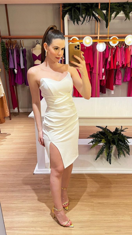White Strapless Party Dress With Leg Slit White Homecoming Dress Y4843